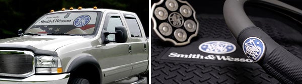 Proudly display Smith and Wesson on your vehicle and drive it with pride.  Smith and Wesson steering wheel covers, floor mats, windshield shades, decals, hitch covers, license plates and more!  Buy online at Truckspring.com