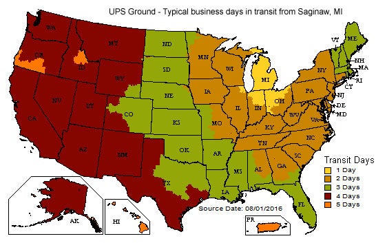 UPS Ground map for typical business days in transit from Saginaw, MI.