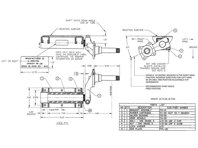 FlexiRide Raw Half Axle with Brake Flange and Adjustable Arm FR1400 B